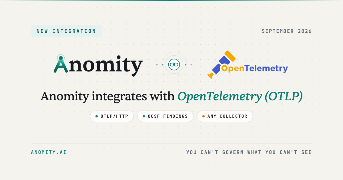 Anomity robot illustrating Anomity Now Forwards Security Events over OpenTelemetry