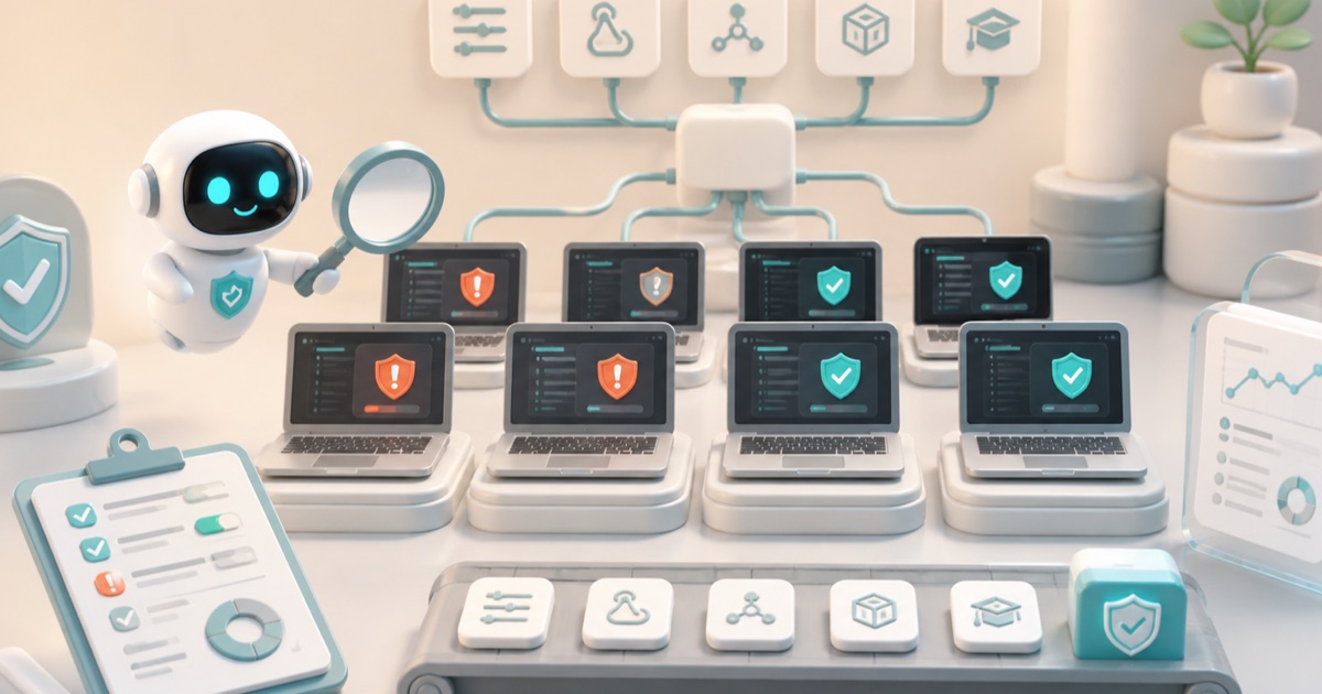 Anomity robot illustrating Auditing Claude Code Across a Fleet: Settings, Hooks, MCP Servers, Plugins, and Skills